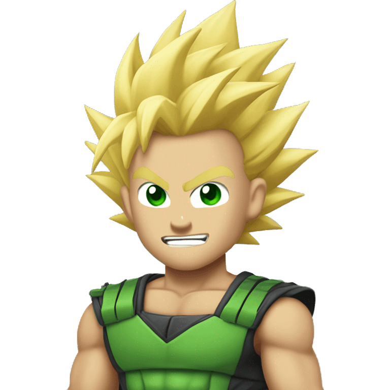 Super saiyan, blonde spikey hair, green eyes, exited emoji