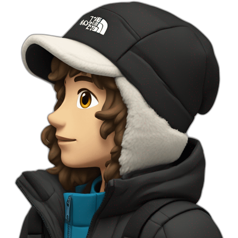 white boy,mi-long brown hair,winter cap black The North face,black jacket The North face,1 Backpack emoji