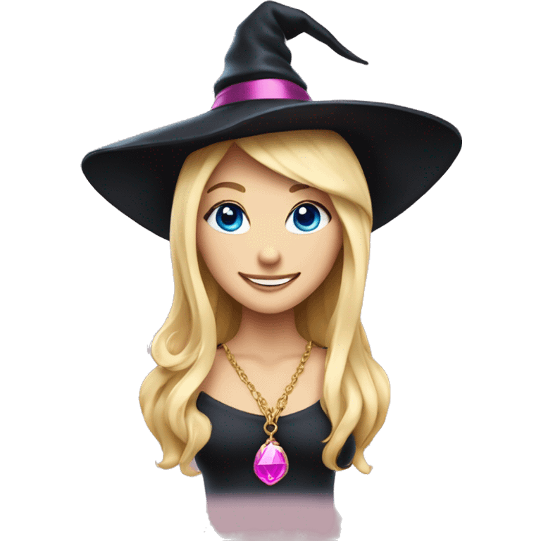 Blonde blue eyed witch smiling, wearing a gold necklace with pink pendant and a black and pink witch hat emoji