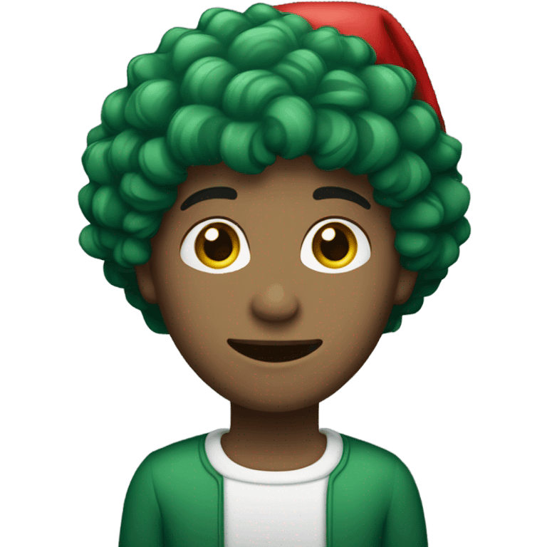 Unisex person short curly dark green hair in a red Santa hat  emoji