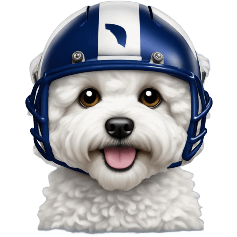 White fluffy maltipoo wearing LA Rams football helmet royal blue emoji