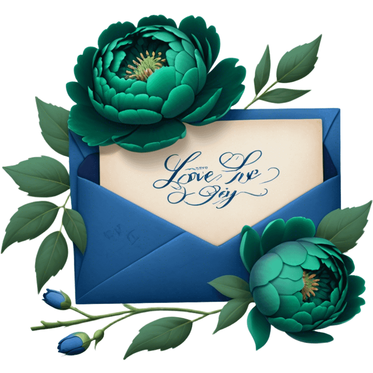 A charming arrangement of deep green peonies placed beside an old blue love letter with an intricate navy blue wax seal. emoji