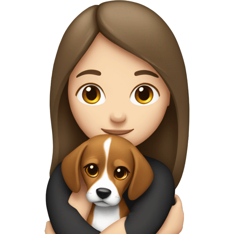 White girl with dark long hair hugs beagle emoji