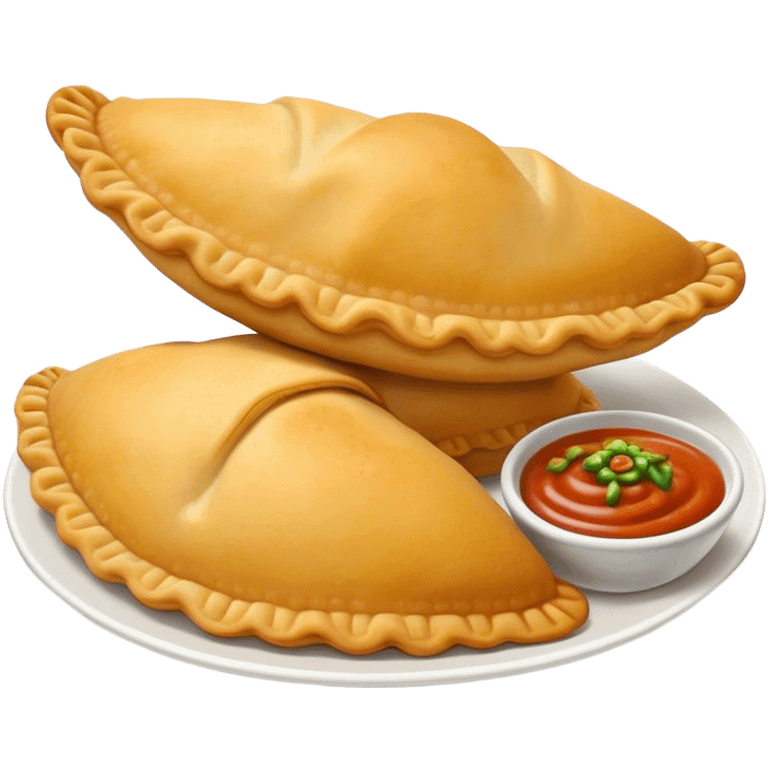 Cinematic Realistic Colombian Cornmeal Empanadas Emoji, showcasing the golden, crispy shell filled with savory meats and spices, served with a side of aji dipping sauce, rendered with vibrant textures and warm, inviting lighting. emoji