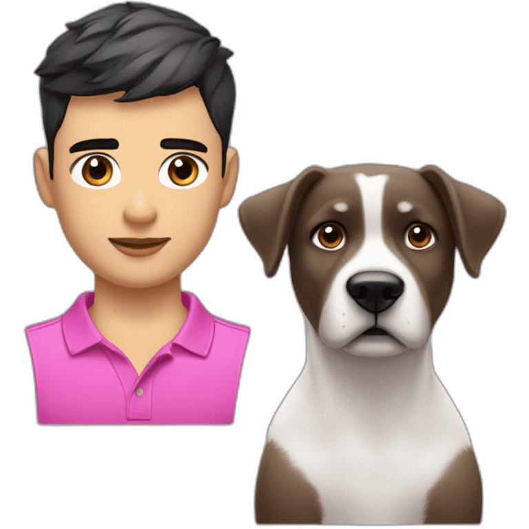 young handsome man with straight short dark hair and dark eyes with large eyelashes and plump pink lips protruding cheekbones in a sports polo shirt with a dog emoji