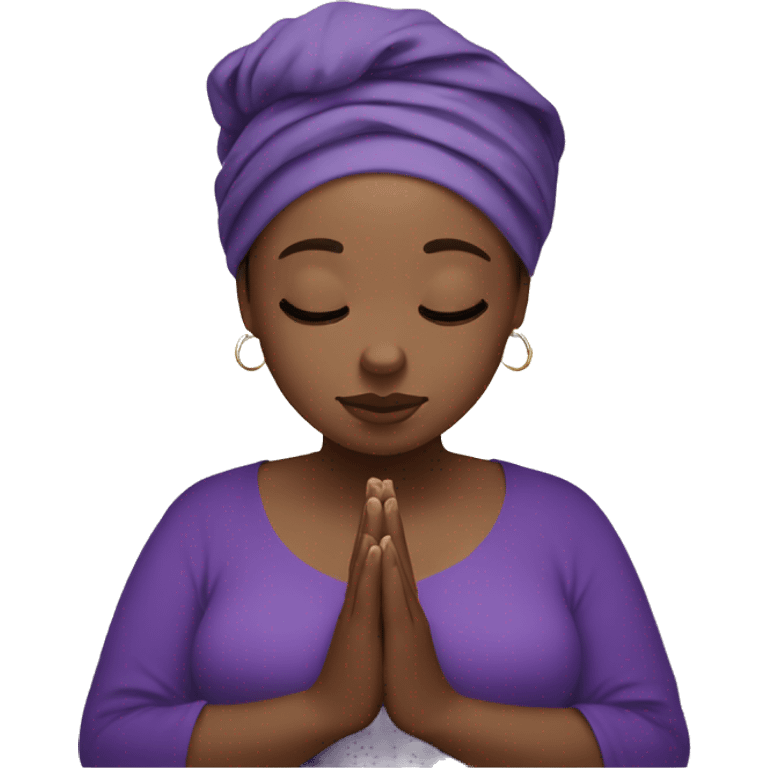 Dark Plus size woman praying with purple head wrap   emoji