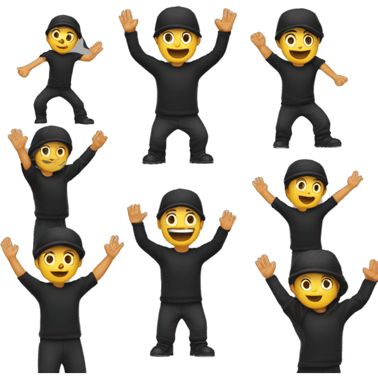 They are posing with their hands raised near their face, possibly making a playful gesture. The individual is dressed in black clothes, including a cap and a t-shirt with a design on it.   emoji