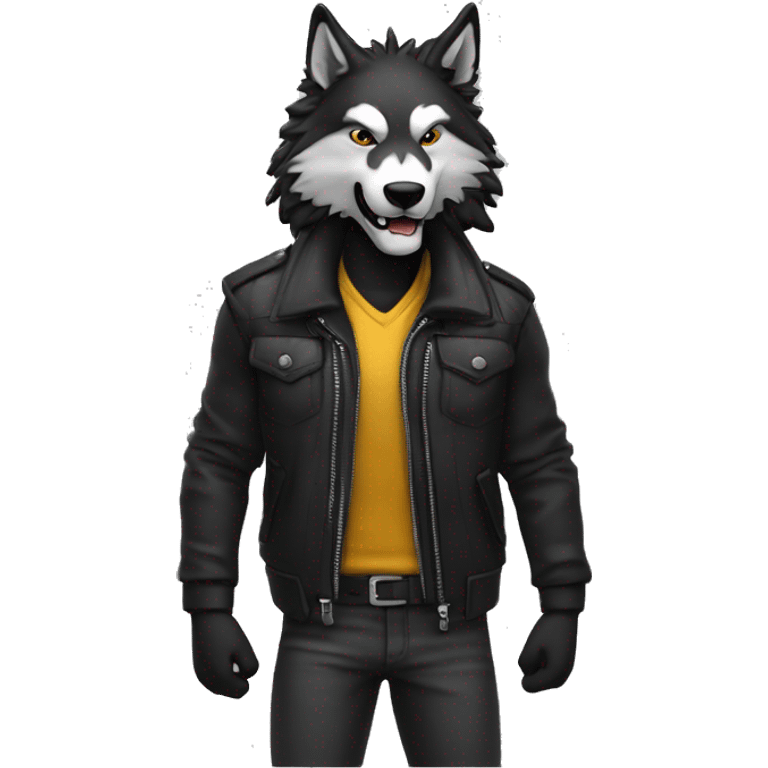 lobo con cuerpo de humano, usando chaqueta negra y haciendo gestos con las manos emoji