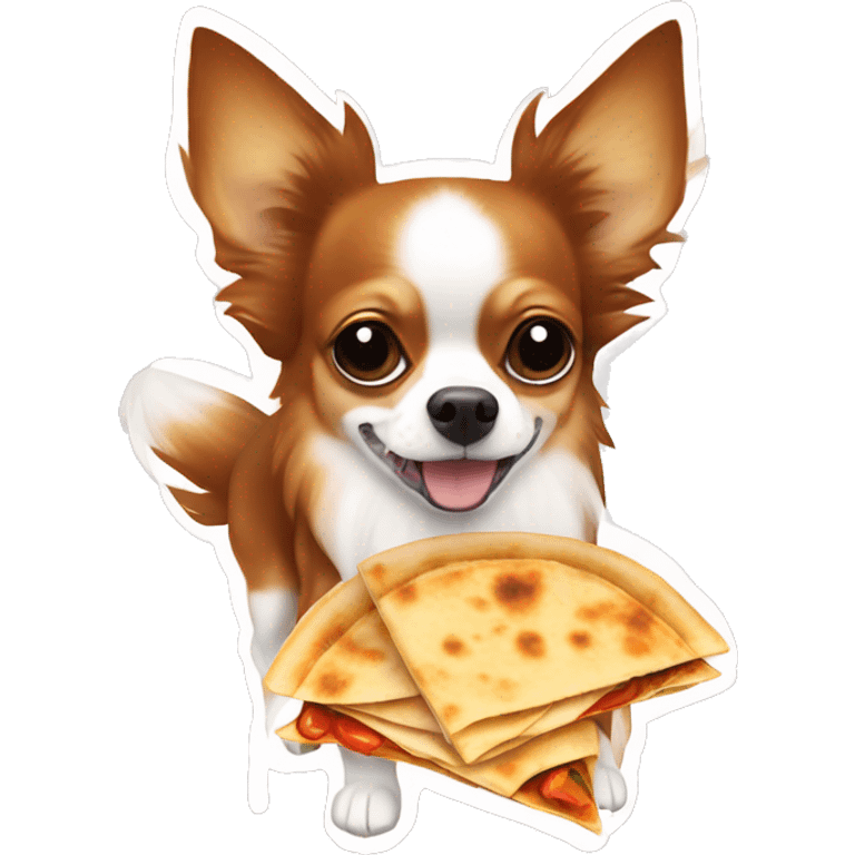 Long-haired reddish brown Chihuahua with white markings eating quesadilla emoji