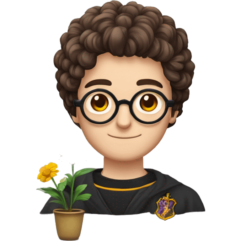 Harry potter avec les cheveux bouclés avec un pot de fleur dans les main  avec des lunettes rondes et ça cicatrices en forme de trait vertical sur le front emoji