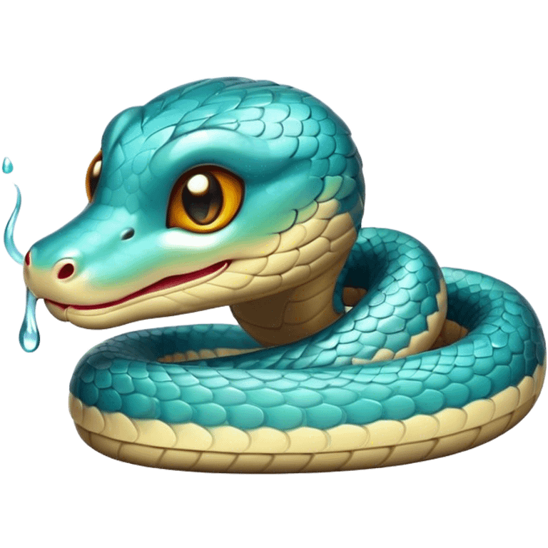 Cinematic Cute Chinese Water Snake Portrait Emoji, Head tilted playfully and inquisitively, with a compact, lithe form and a smooth, shimmering coat in subtle aquatic hues, round, sparkling eyes filled with curious fluidity, Simplified yet irresistibly adorable features, highly detailed, glowing with a warm, friendly glow, high shine, affectionate and agile, stylized with a touch of aquatic whimsy, soft glowing outline, capturing the essence of a mischievous yet loving water snake that feels like it could slither out of the screen into your arms! emoji