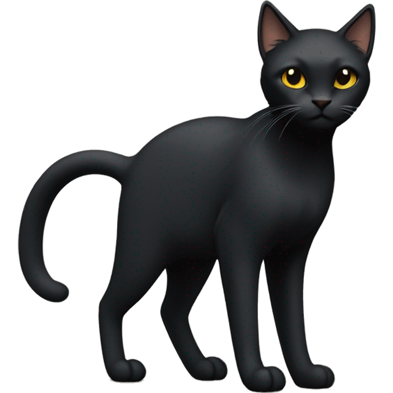 Petite, solid black cat with sleek fur, light yellow eyes, and small black tufts of pointed hairs at the very tips of he ears only, blending in with her black fur. Full body, no white markings emoji