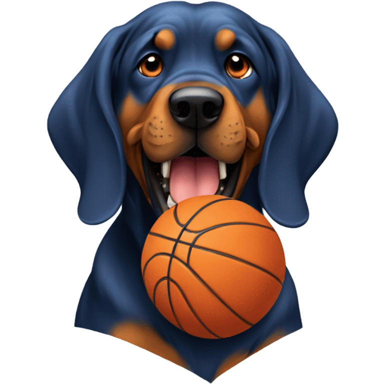 A blue and orange bloodhound biting a basketball. emoji