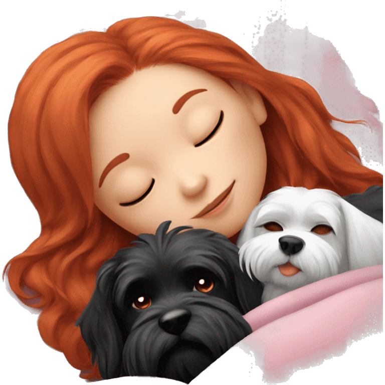 Red hair girl sleep dewith her maltese black dog emoji