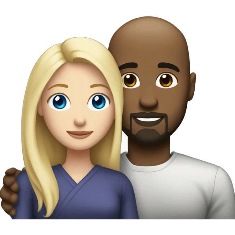 Blonde woman with blue eyes and long straight hair and black man who is bald with a goatee with their arms wrapped around each other very lovingly.   emoji