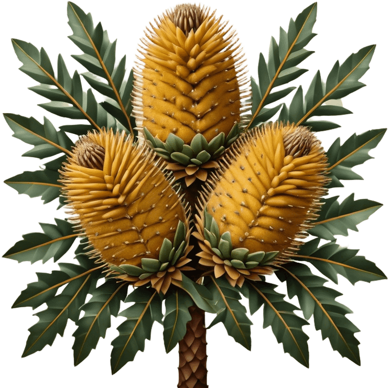 Cinematic Realistic Banksia Emoji, Bold and striking, with spiky, cylindrical flower heads covered in rich golden hues. The leaves are thick and leathery, adding a sense of strength to this unique and iconic tree. Soft glowing outline, capturing the essence of Australian ruggedness and floral beauty in a distinctive banksia tree! emoji