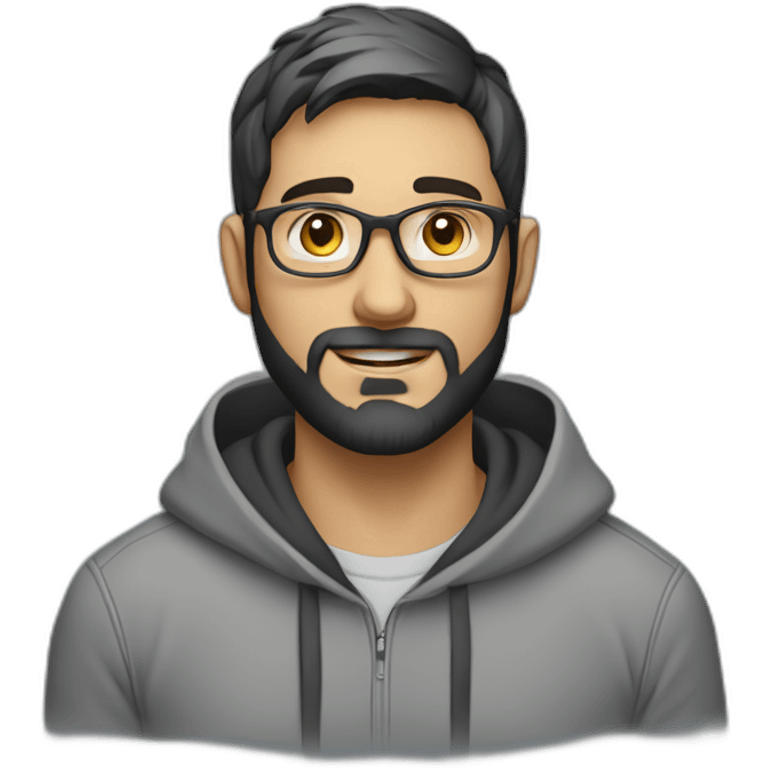 A project manager in a gray hoodie and with a short beard, with gray eyes, with short black hair without a parting, wearing glasses emoji