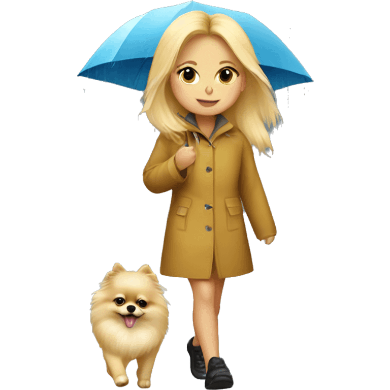 Blonde girl walking pomeranian under the rain emoji