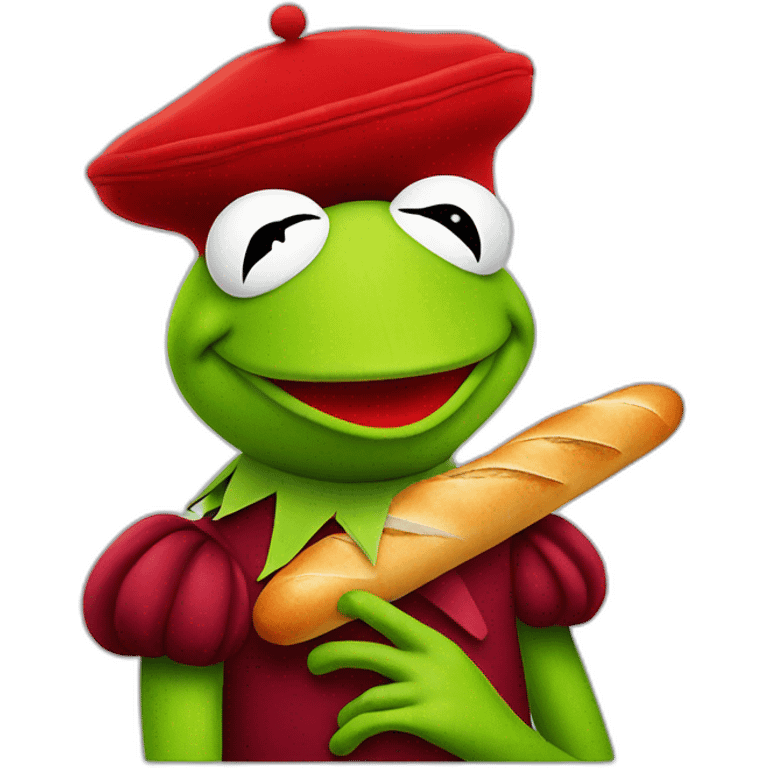 kermit the frog with a red beret and a baguette emoji