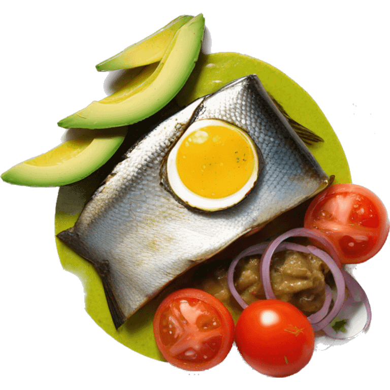 Canned sardines (more than three visible sardines) with avocado, red onions and tomato breakfast entree on plate emoji