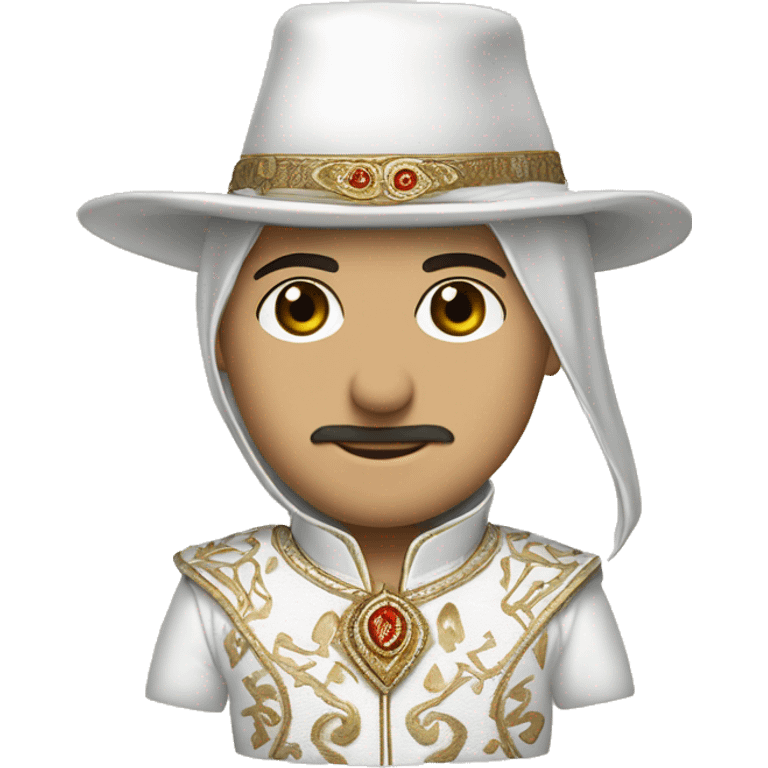 An emoji of a traditional Turkish circumcision outfit, featuring a white suit with decorative embroidery, a cape, and a matching hat adorned with feathers emoji