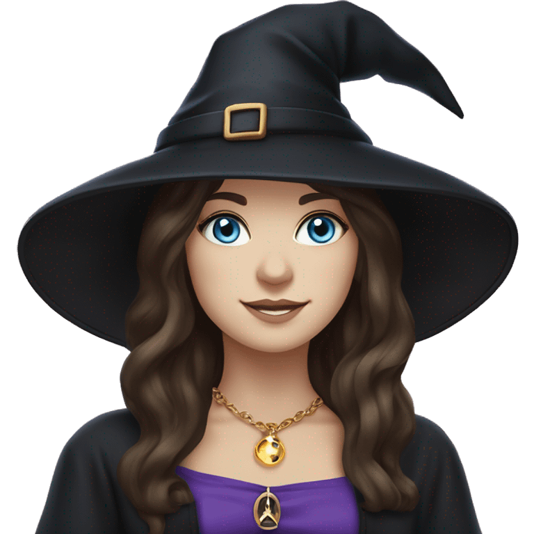 Witchy brunette haired blue eyed white girl with a witty smile a gold necklace and a black witch hat with a purple bow emoji