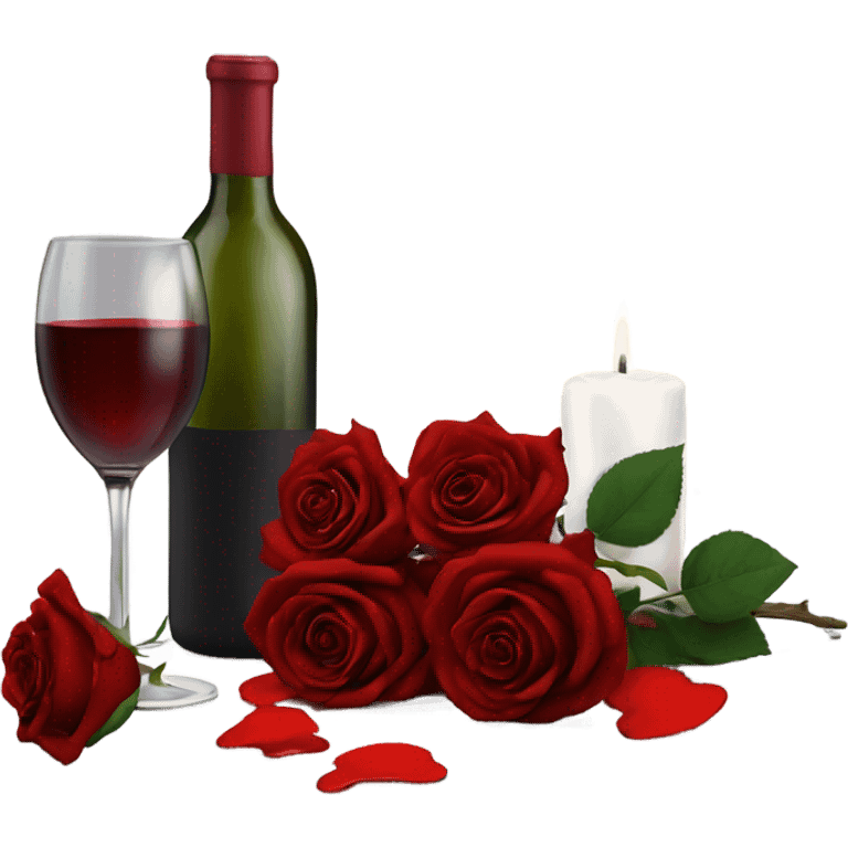 Hyper Realistic Romantic candlelit date,  red roses with bottle of wine  emoji