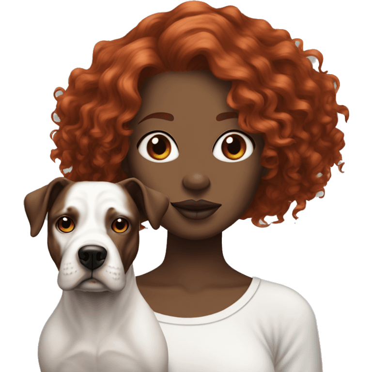 Long Red haired woman with septum piercing holding black and white English Staffordshire dog emoji