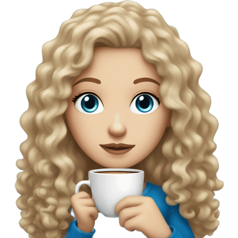 A white girl with darkblonde long curly hair, blue eyes and freckles holding a cup of coffee emoji