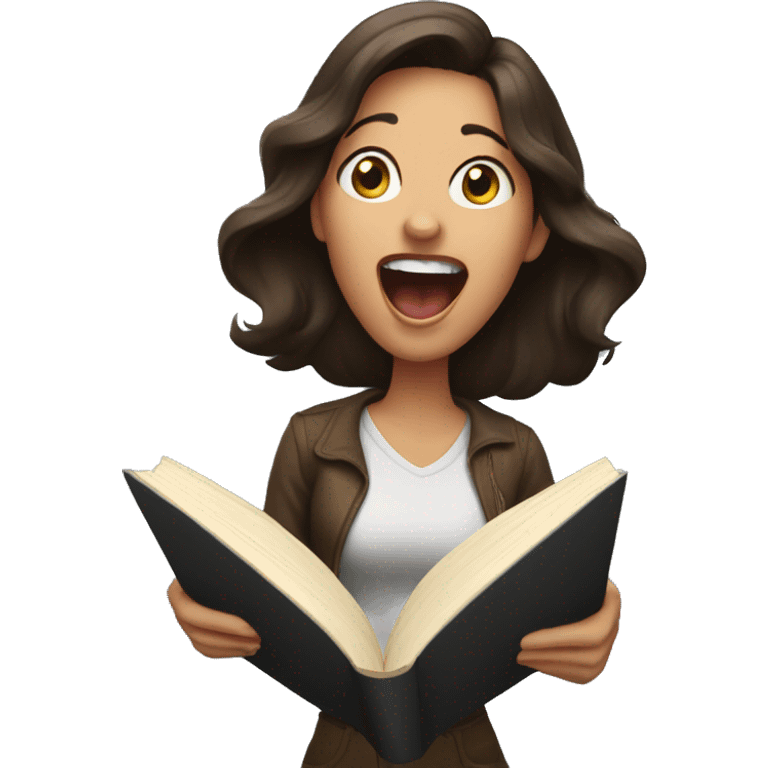 brunette woman screaming while holding and reading book emoji