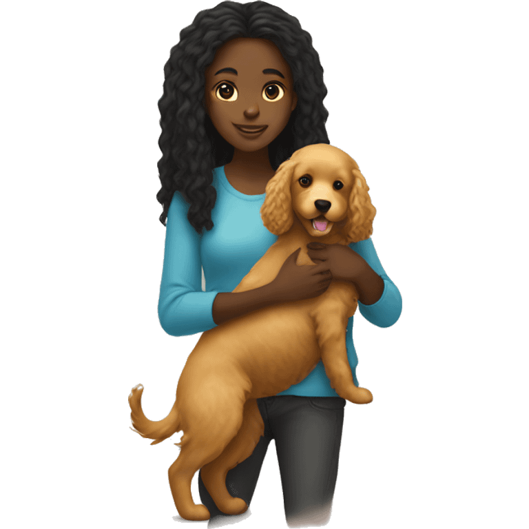 black girl with long hair holding a golden doodle puppy emoji