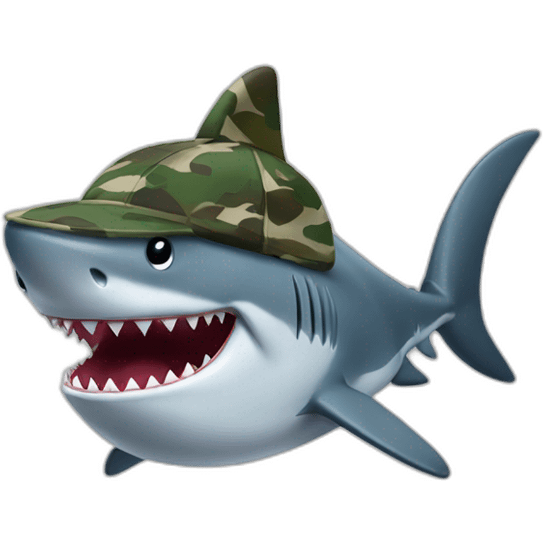 cartoon shark standing with a camouflage cap on its head emoji