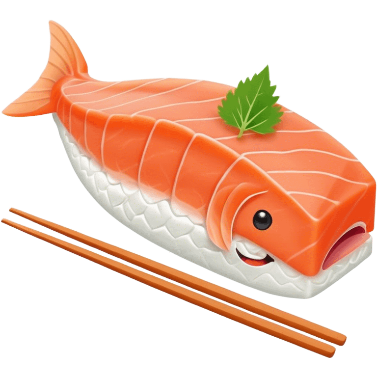 Cute Kawaii Sashimi Slice, delicate and fresh, bright orange salmon with soft pastel textures, an adorable happy face, tiny chopsticks lifting it, gentle glowing highlights! emoji