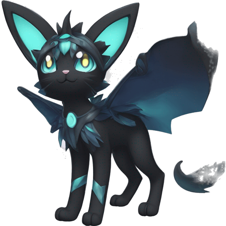 Shiny Cool Edgy pastel Black beautiful ethereal fantasy Kawaii Sona Umbreon-Litten-Fakemon-cat-animal with edgy bat-ears black mane vtuber model Full Body emoji