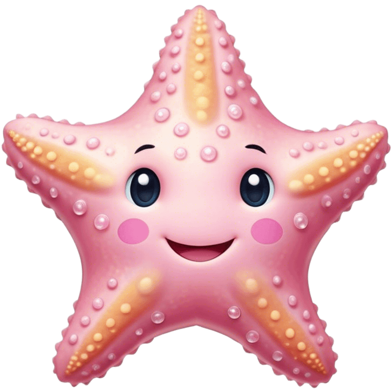 Cinematic cute round starfish, pastel pink, soft bumpy texture, tiny happy face, slightly tilted, glowing warmly, sparkling with gentle ocean magic. emoji