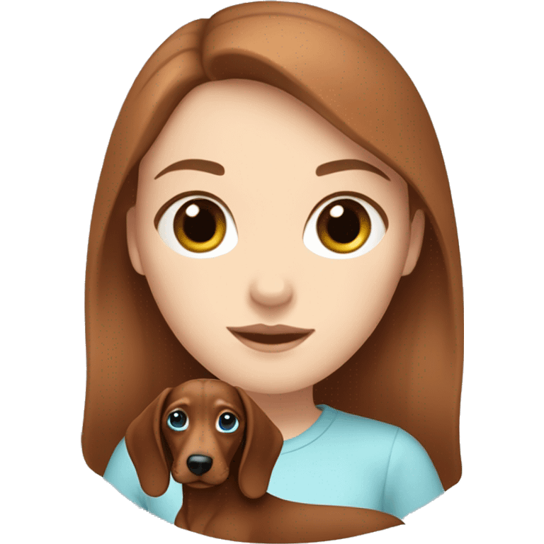 White girl with brown hair and blue eyes holding a red dachshund  emoji