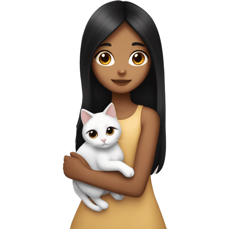 girl with very long black hair and caramel skin hugging a white cat emoji