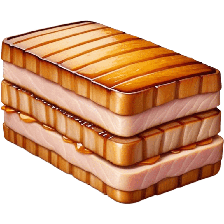 Cinematic tender pork belly, slow-roasted to perfection, crispy caramelized edges, glistening with juices, sliced into thick, rich layers, warm golden tones, luxurious and indulgent. emoji