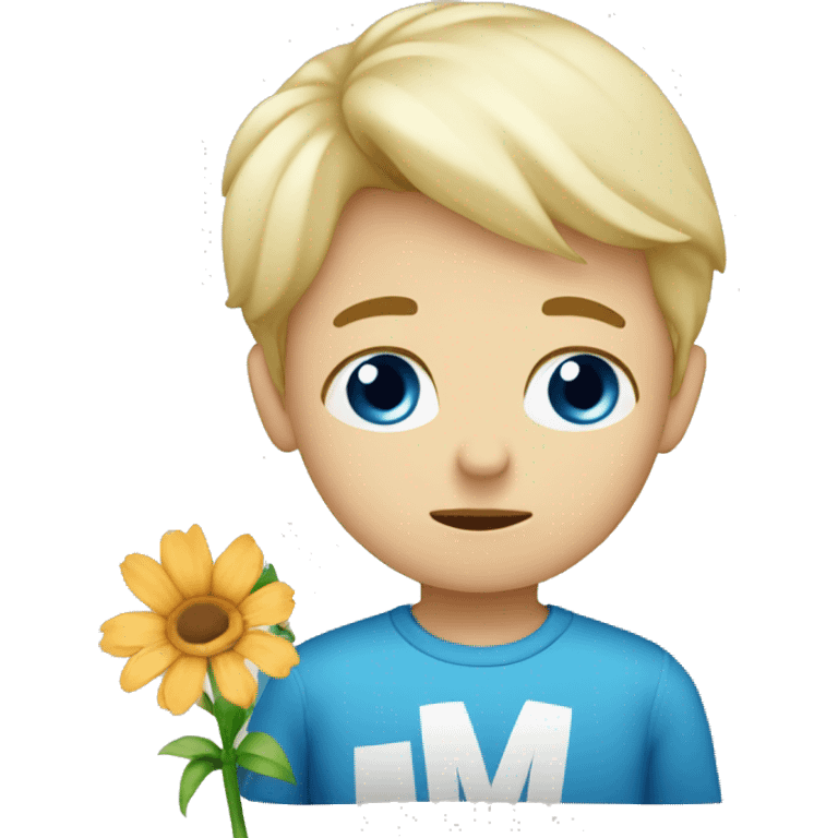 Blonde boy with blue eyes holding flower and sign saying I’m sorry emoji