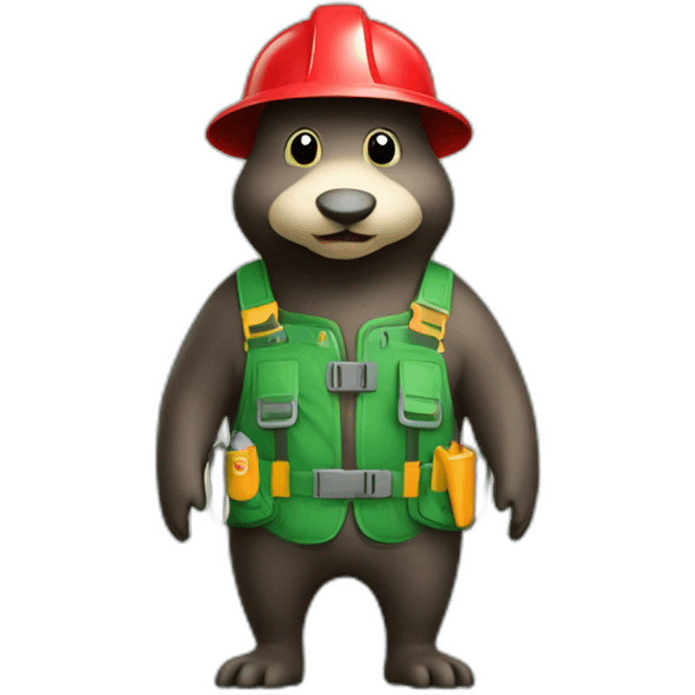 mole with red nose, green gardening harnesses, green helmet with a light emoji