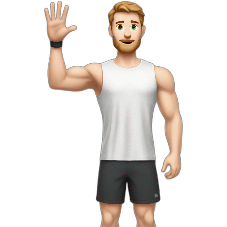 Close up Actively gesturing  with hands Pale skinned Fit Man With the biceps and brown hair in dark gray Sleeveless Mike, black oversize sports shorts, watch and white Sneakers emoji