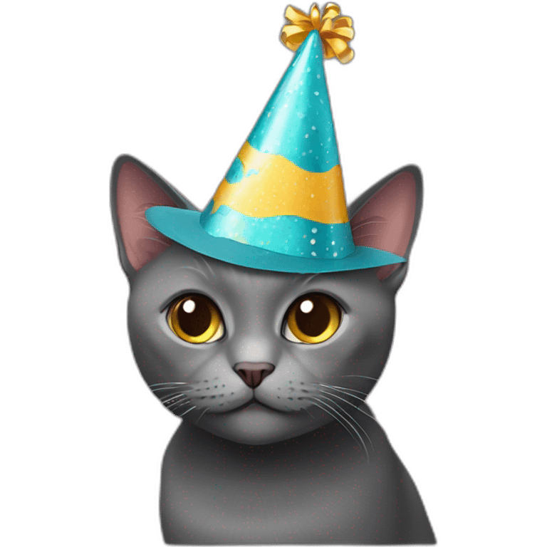 Dark Grey British short hair cat wearing a party hat emoji