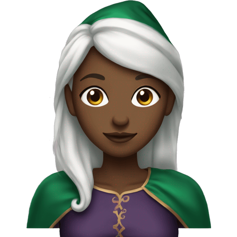 Black elf girl with auburn hair wearing emerald green emoji