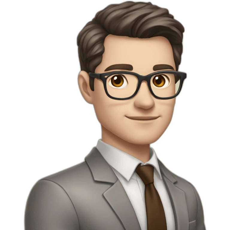 Pale skinned fit man with dark brown hair in gray jacket, beige office shirt, brown tie, brown pants and vintage glasses Writing on the marker board emoji