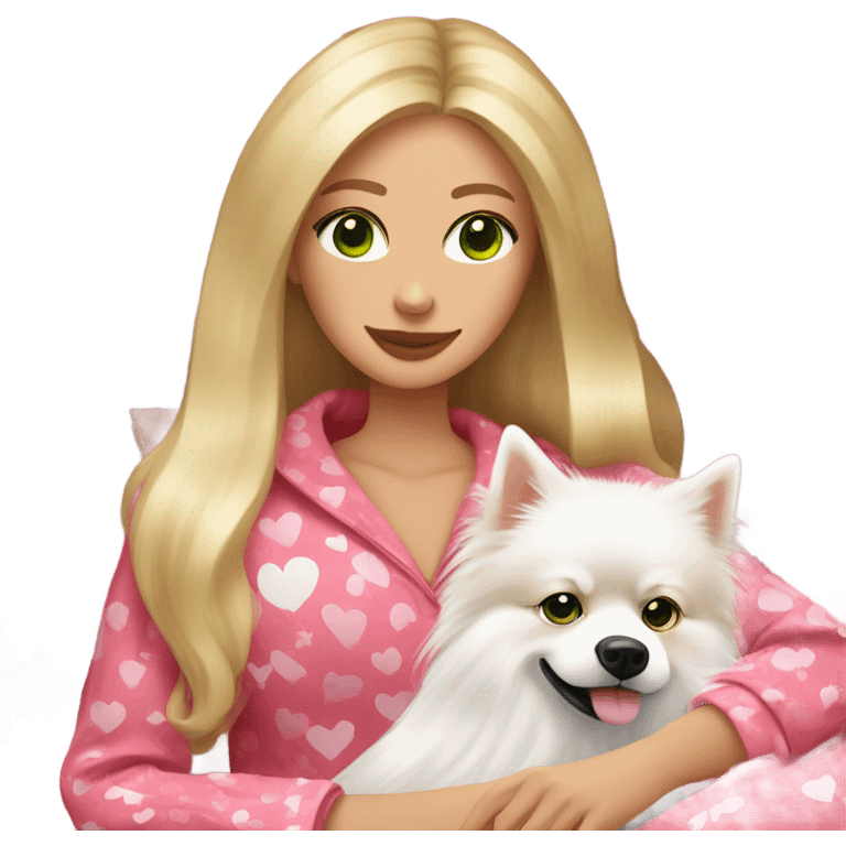 Woman, long length blonder hair, give her pretty green colored eyes, wearing red and pink hearts design on pajamas, lounging on a cozy couch with white fluffy pomeranian dog emoji