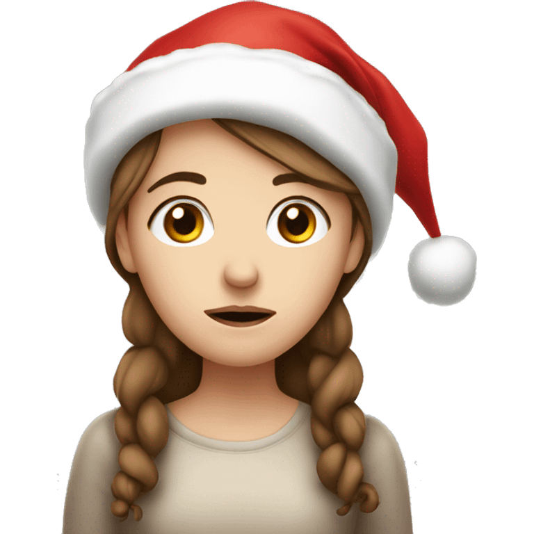 very sad Christmas white girl with brown hair and a christmas hat emoji