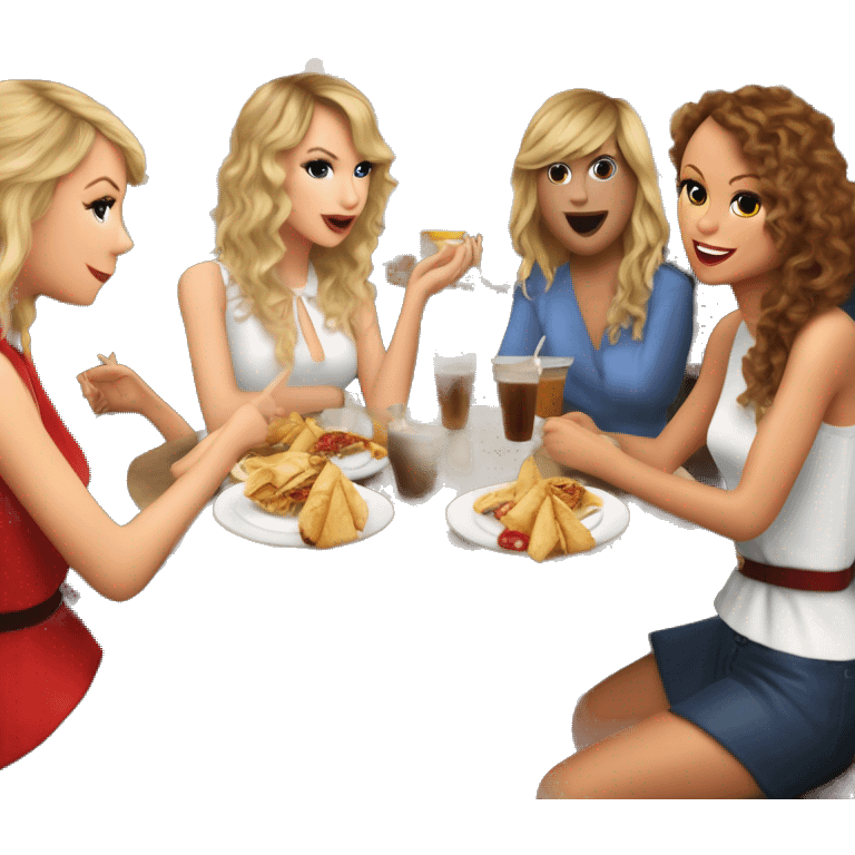 Taylor swift con Shakira y Jennifer López en un restaurante comiendo lasaña  emoji