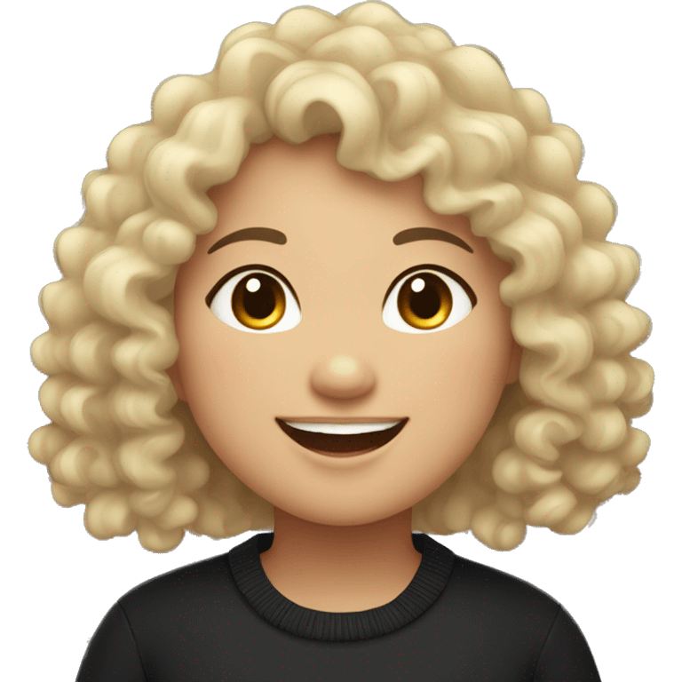 asian chubby curly haired girl smiling with teeth, wearing black sweater  emoji