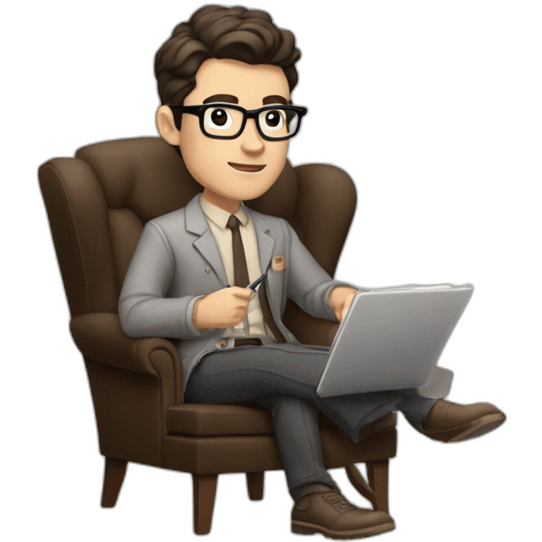 Pale skinned Fit Man With dark brown hair in gray jacket, beige office shirt and vintage glasses sitting In a soft chair with a notebook with emblem Ψ and a pen in his hands emoji