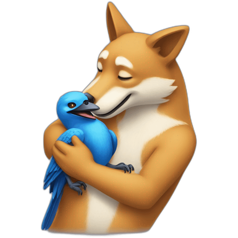 Anthropomorphic dingo giving an anthropomorphic blue bird a hug emoji